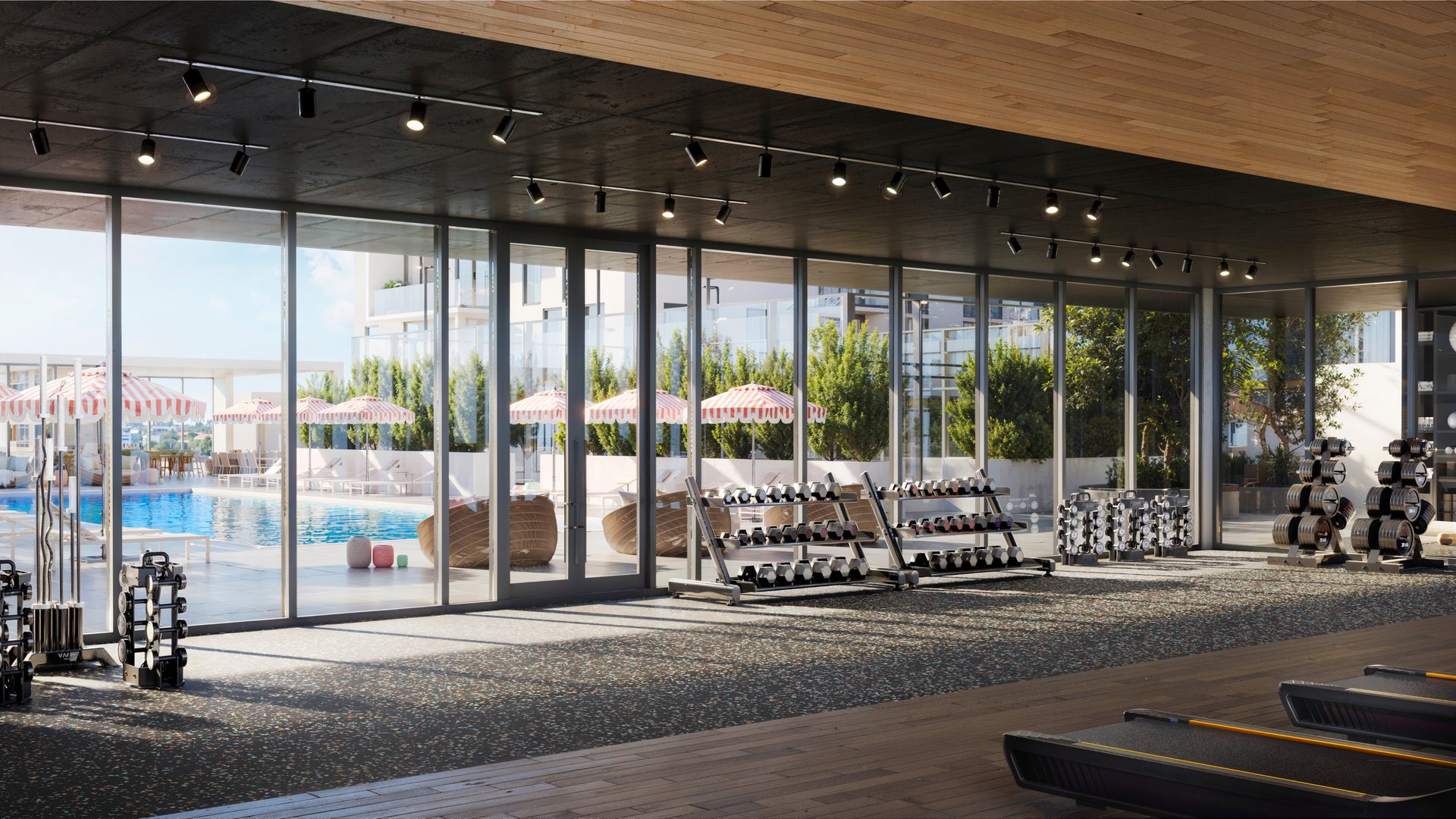 Interior view of a gym with exercise equipment.